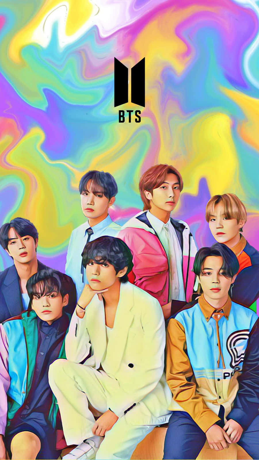 BTS樂團成員穿著色彩繽紛的服裝，背景是迷幻彩虹漩渦。 — iPhone 14 壁紙