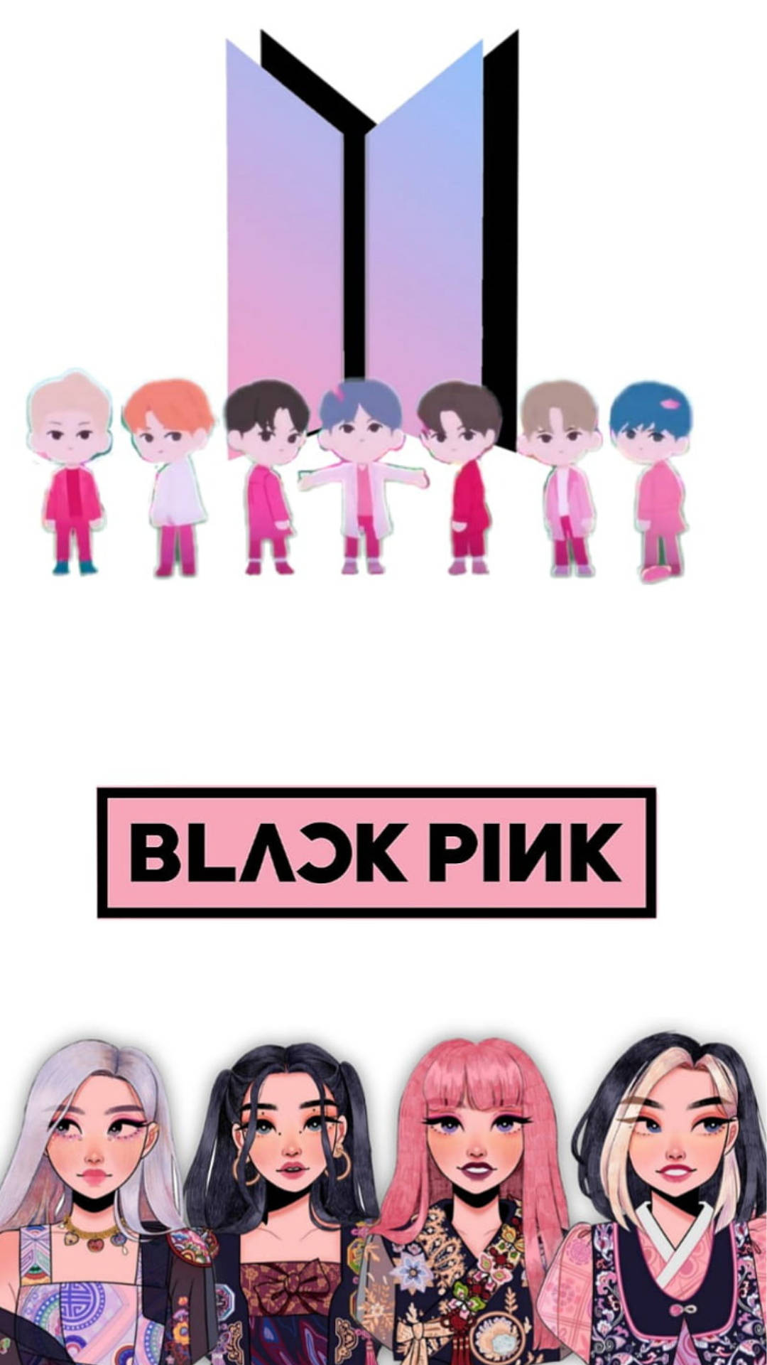 BTS 和 BLACKPINK 桌布 壁紙 — BTS和BLACKPINK成員的Q版卡通風格版本站在白色背景上的各自標誌下方。
