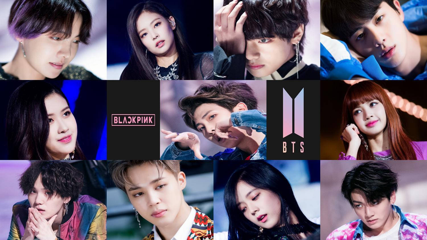 BTS 和 BLACKPINK 桌布 壁紙 — BTS和BLACKPINK的K-pop偶像在工作室燈光下擺出表情豐富、色彩繽紛的服裝的充滿活力的拼貼畫。