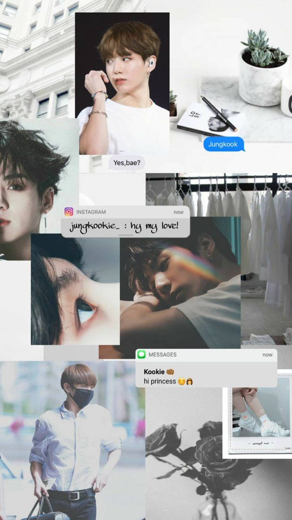 BTS 桌布 壁紙 — BTS成員Jungkook的照片和Instagram訊息的拼貼畫，採用柔和粉彩美學，並帶有玫瑰點綴。
