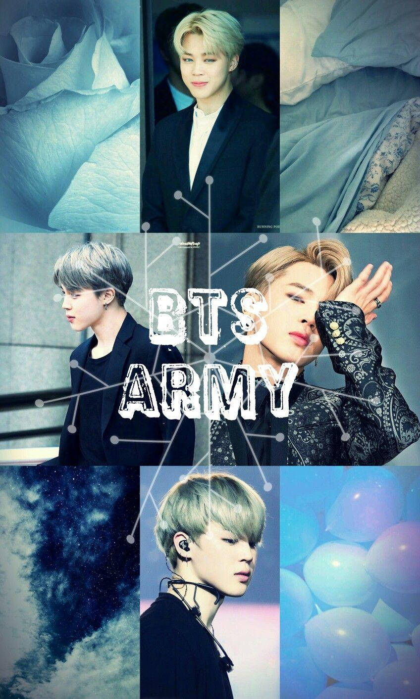 Jimin Aesthetic 桌布 壁紙 — BTS成員以時尚姿勢拼貼，背景為夢幻藍色，帶有發光球體和宇宙紋理。