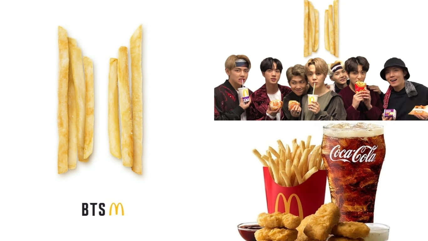 Bts Mac 桌布 壁紙 — BTS成員在宣傳廣告中享用麥當勞薯條和飲料，搭配金黃薯條和可口可樂。