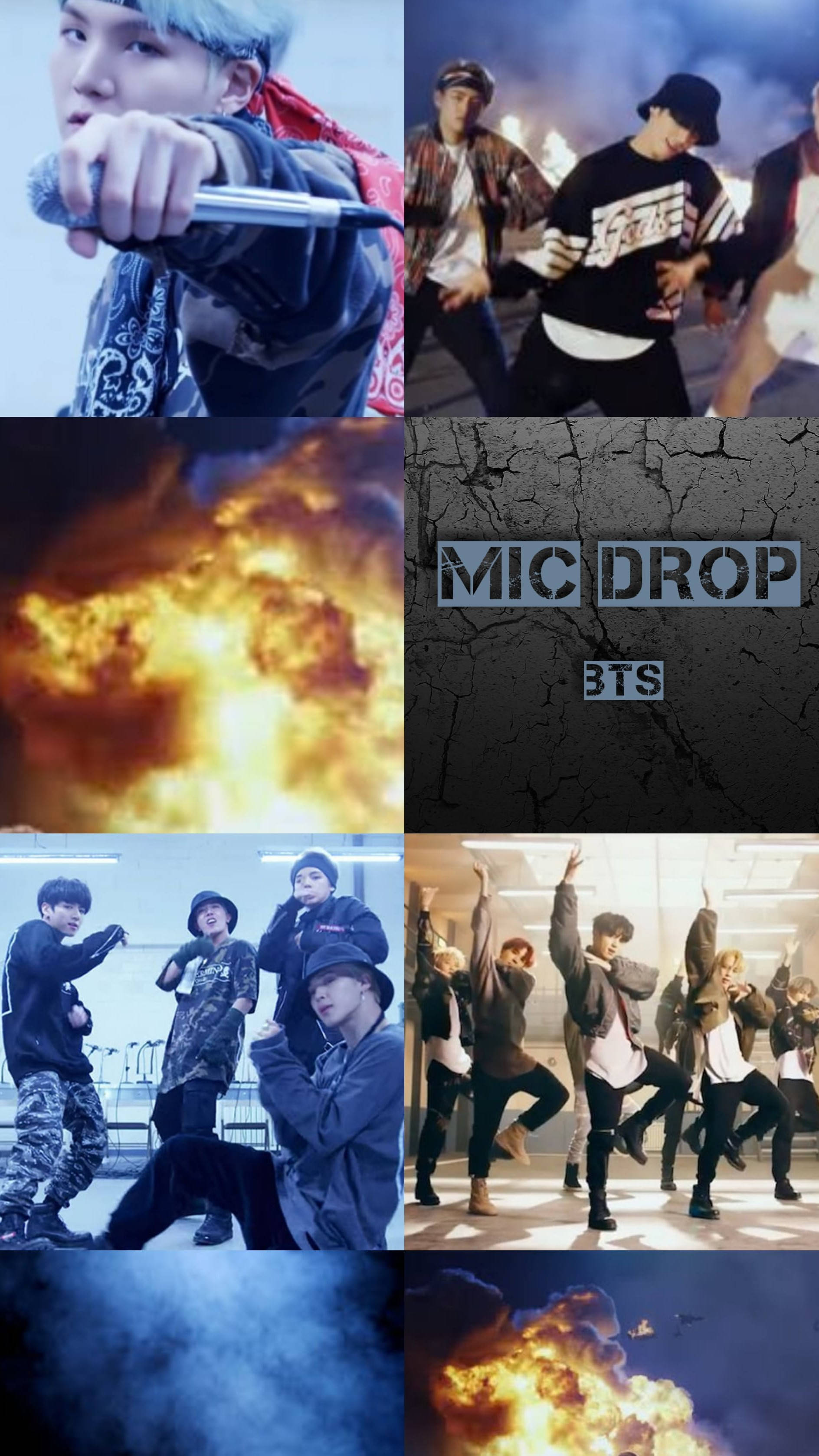 舞蹈 桌布 壁紙 — BTS成員在帶有火焰爆炸和刻有「MIC DROP」文字的裂牆拼貼中動態擺姿勢。