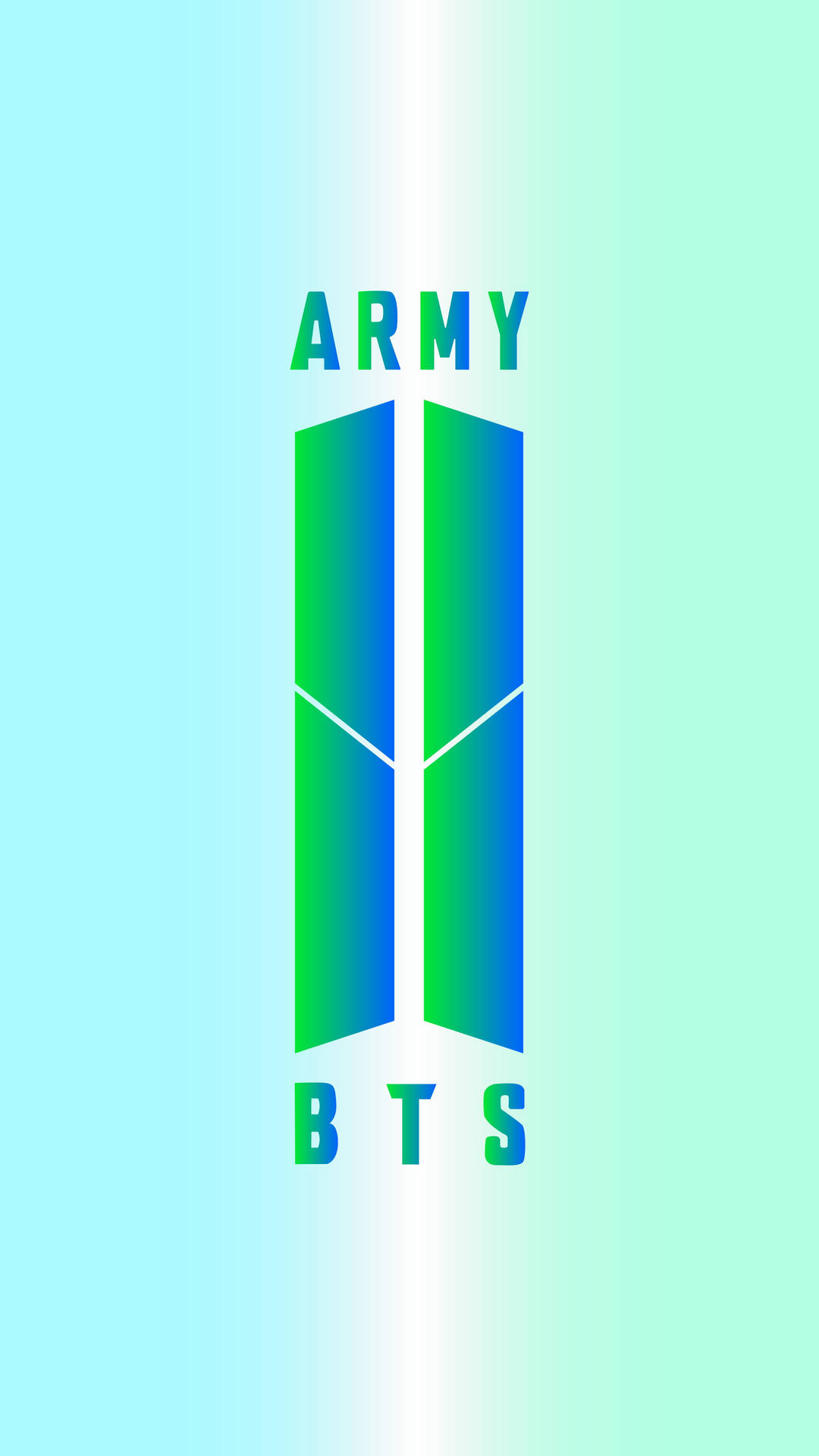 BTS標誌，帶有漸變藍綠色的ARMY文字，背景為粉彩