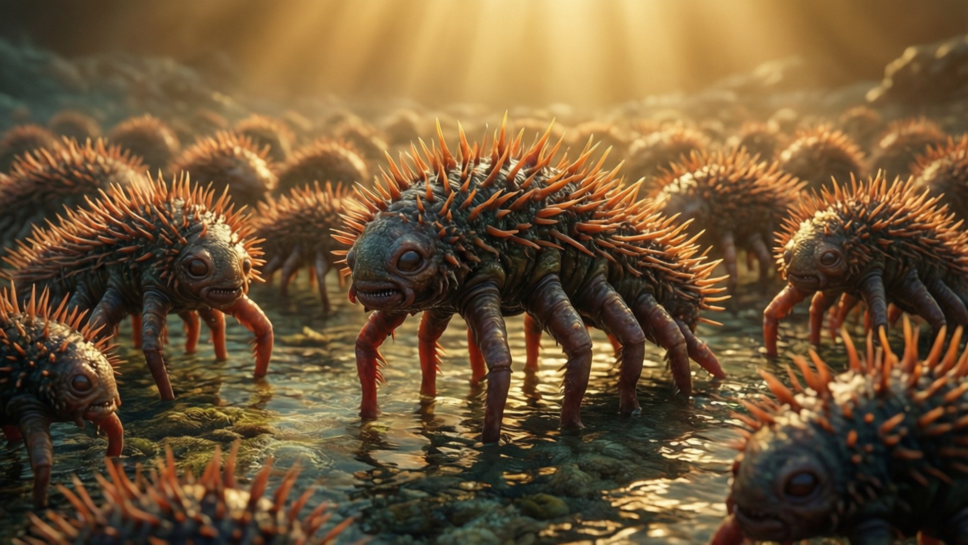 Cambrian 桌布 壁紙 — 佈滿尖刺的外星生物在淺水中涉水而行，金色陽光穿過上方霧氣繚繞的岩石。
