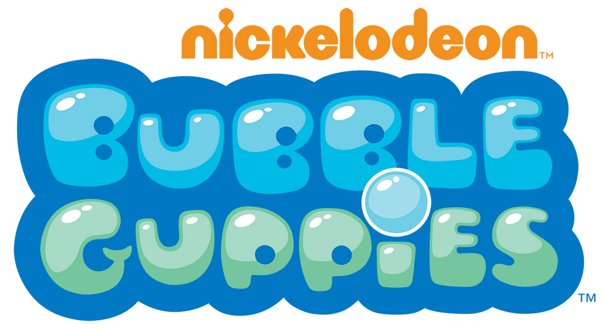 Bubble 桌布 壁紙 — Bubble Guppies 標誌，帶有氣泡般的藍色和綠色字母，背景為白色。