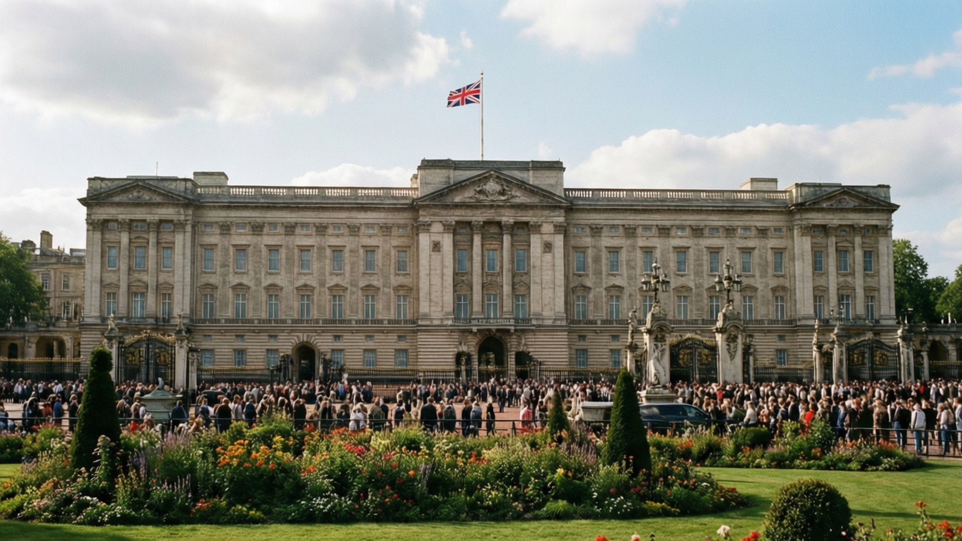 Flag over Buckingham Palace 壁紙 — 白金漢宮宏偉的外牆，英國國旗在部分多雲的天空下，在聚集於色彩繽紛花園的人群上方飄揚。