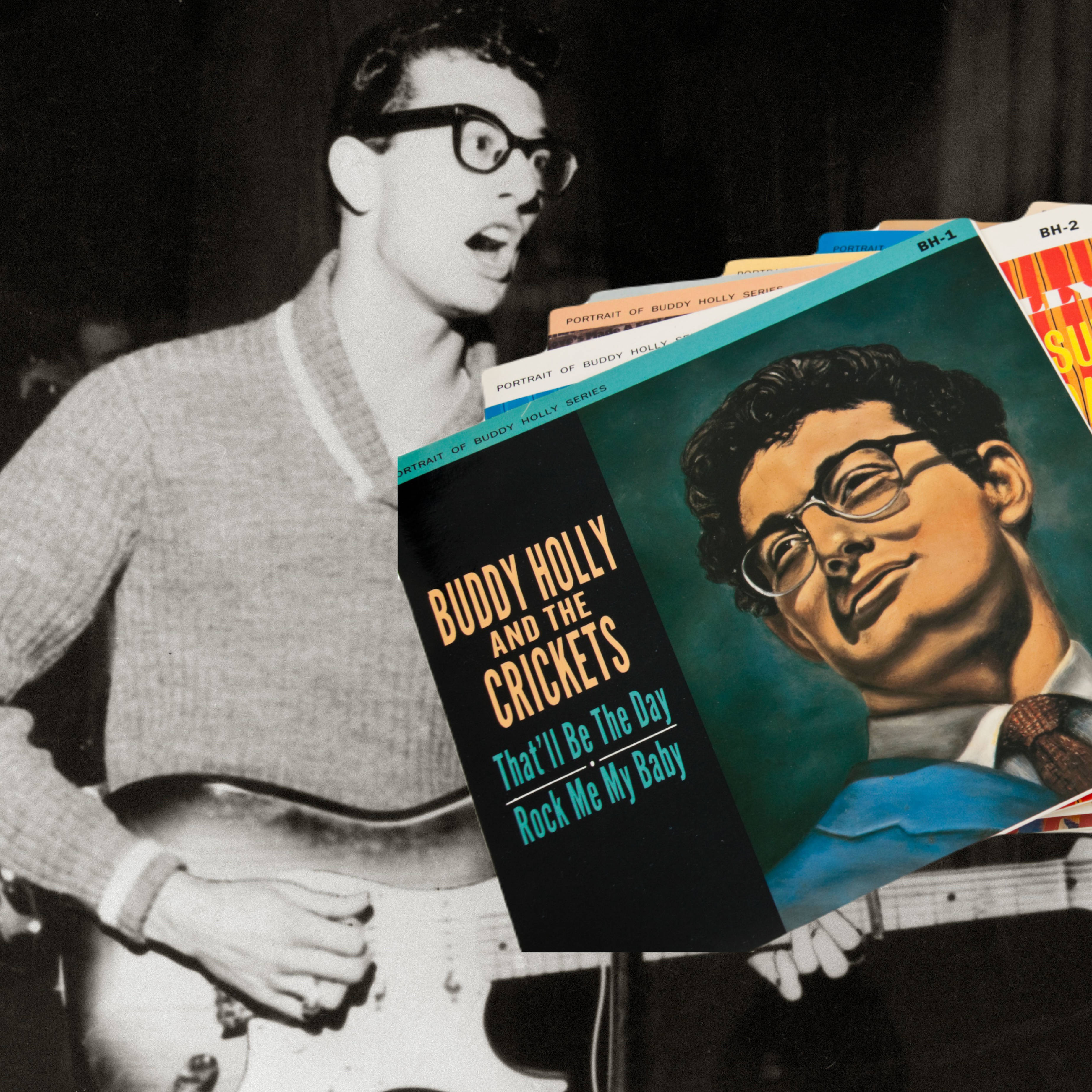 poster 桌布 壁紙 — Buddy Holly 彈吉他的黑白照片，背景是色彩繽紛的復古專輯封面，上面有他的肖像。
