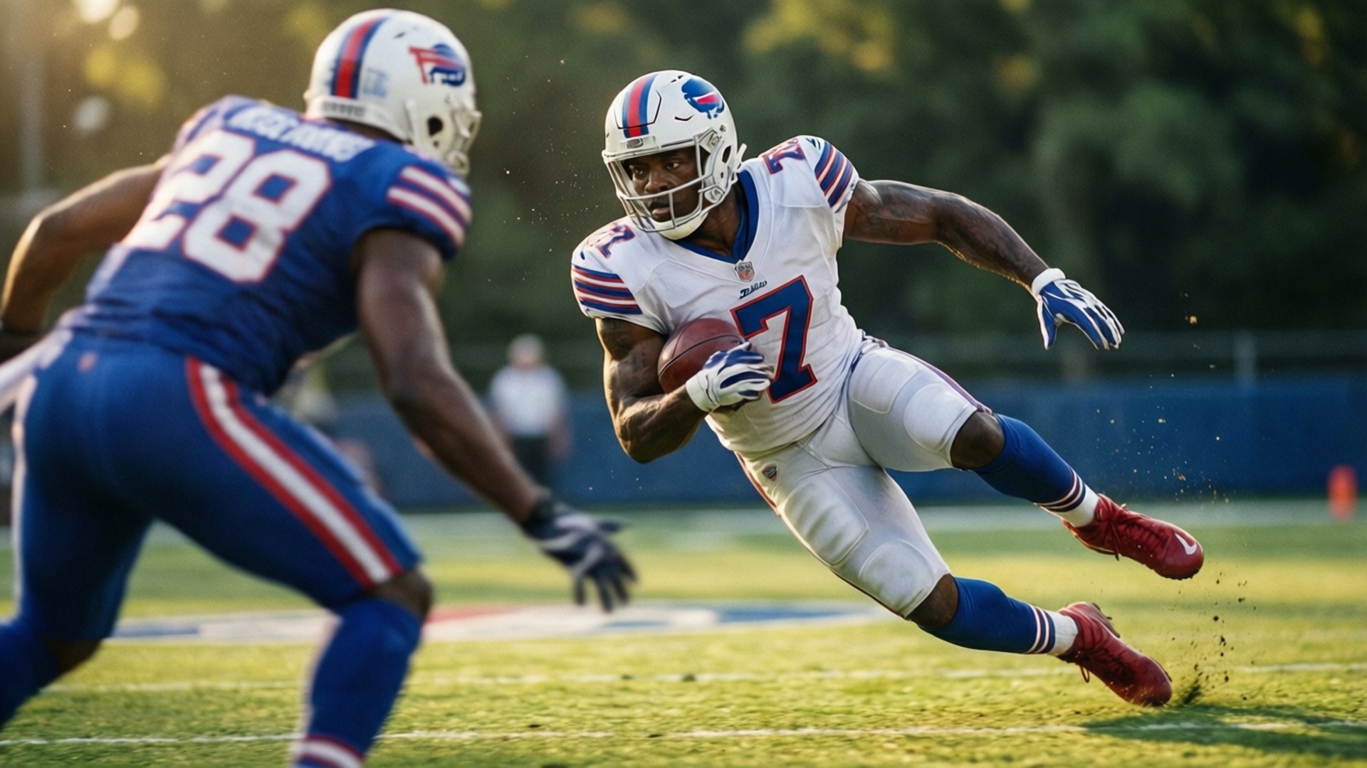 zay jones 桌布 壁紙 — 一名水牛城比爾隊的美式足球員身穿白色7號球衣，持球衝刺，而一名藍色防守球員在陽光照耀的球場上追趕他。