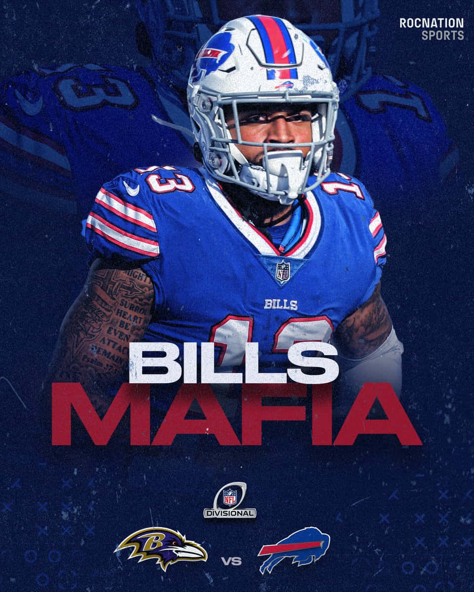  壁紙 — 一名身穿藍色球衣和頭盔的 Buffalo Bills 美式足球員，在深藍色背景上帶有 'BILLS MAFIA' 文字，眼神專注。
