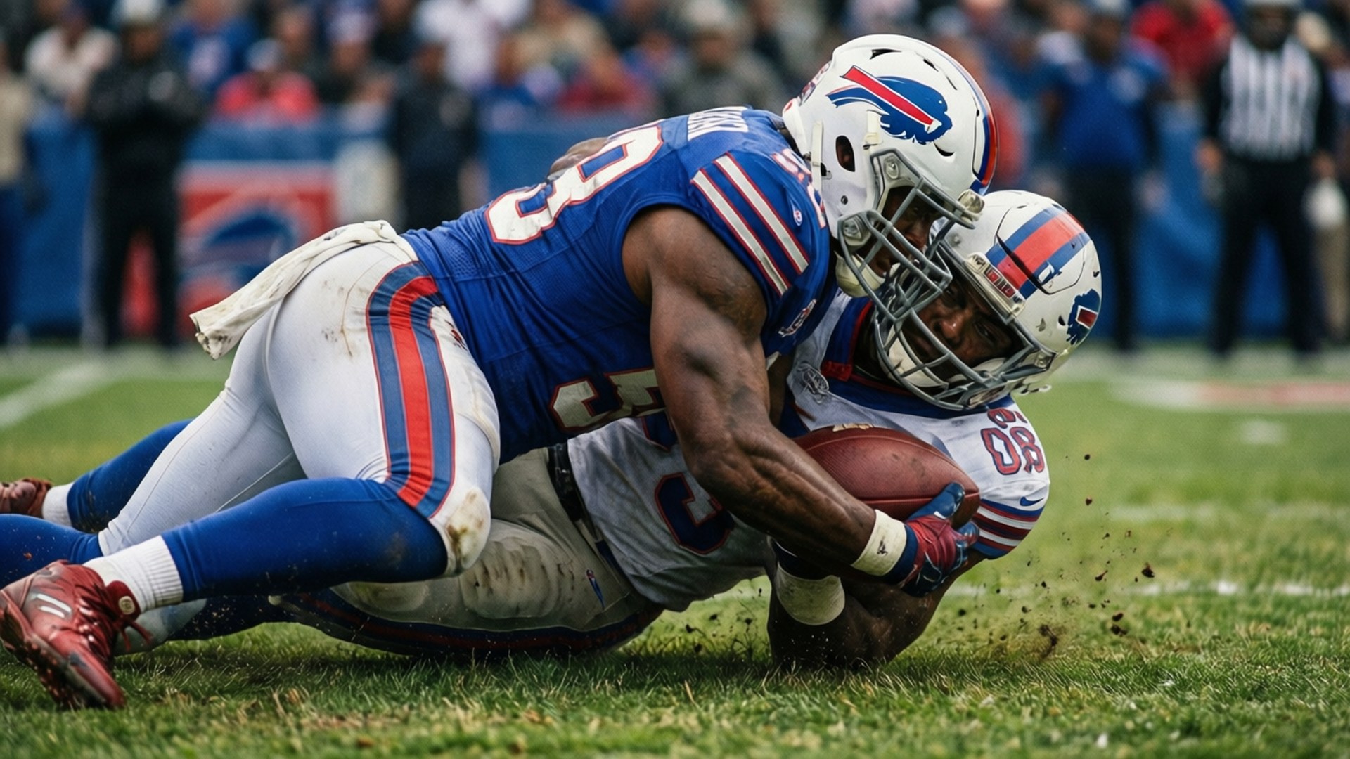 Defensive Sack 壁紙 — 一名身穿藍白球衣的 Buffalo Bills 球員在草地上擒抱一名持球的對手。