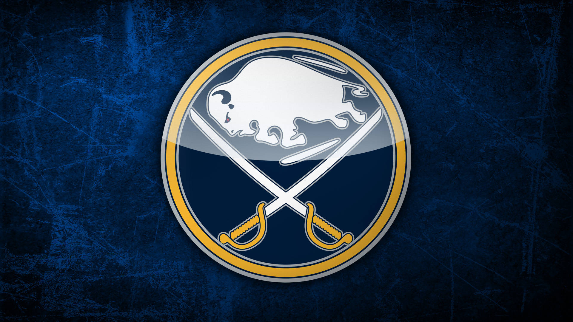 Sabres 桌布 壁紙 — Buffalo Sabres 標誌，銀色水牛和交叉劍在刮花的藍色背景上。