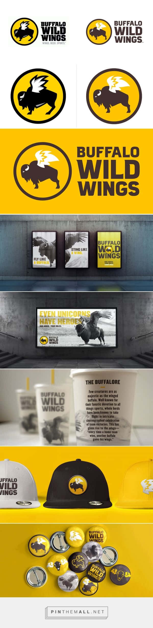 Buffalo Wild Wings 餐廳品牌展示，包括標誌、杯子、帽子和商品。 — 水牛城辣雞翅 壁紙