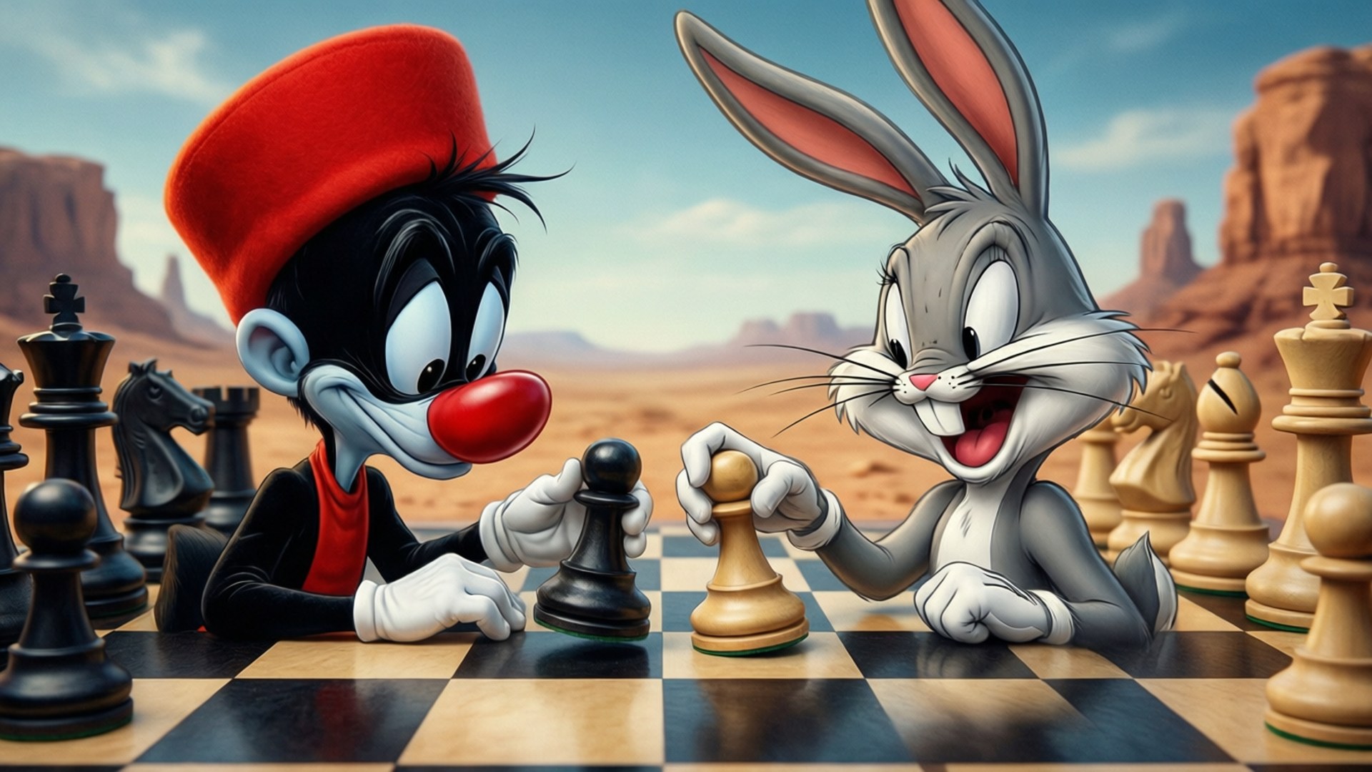 Mind Games 壁紙 — 賓尼兔和一個黑色卡通角色在沙漠棋盤上下棋，背景有紅色岩層。