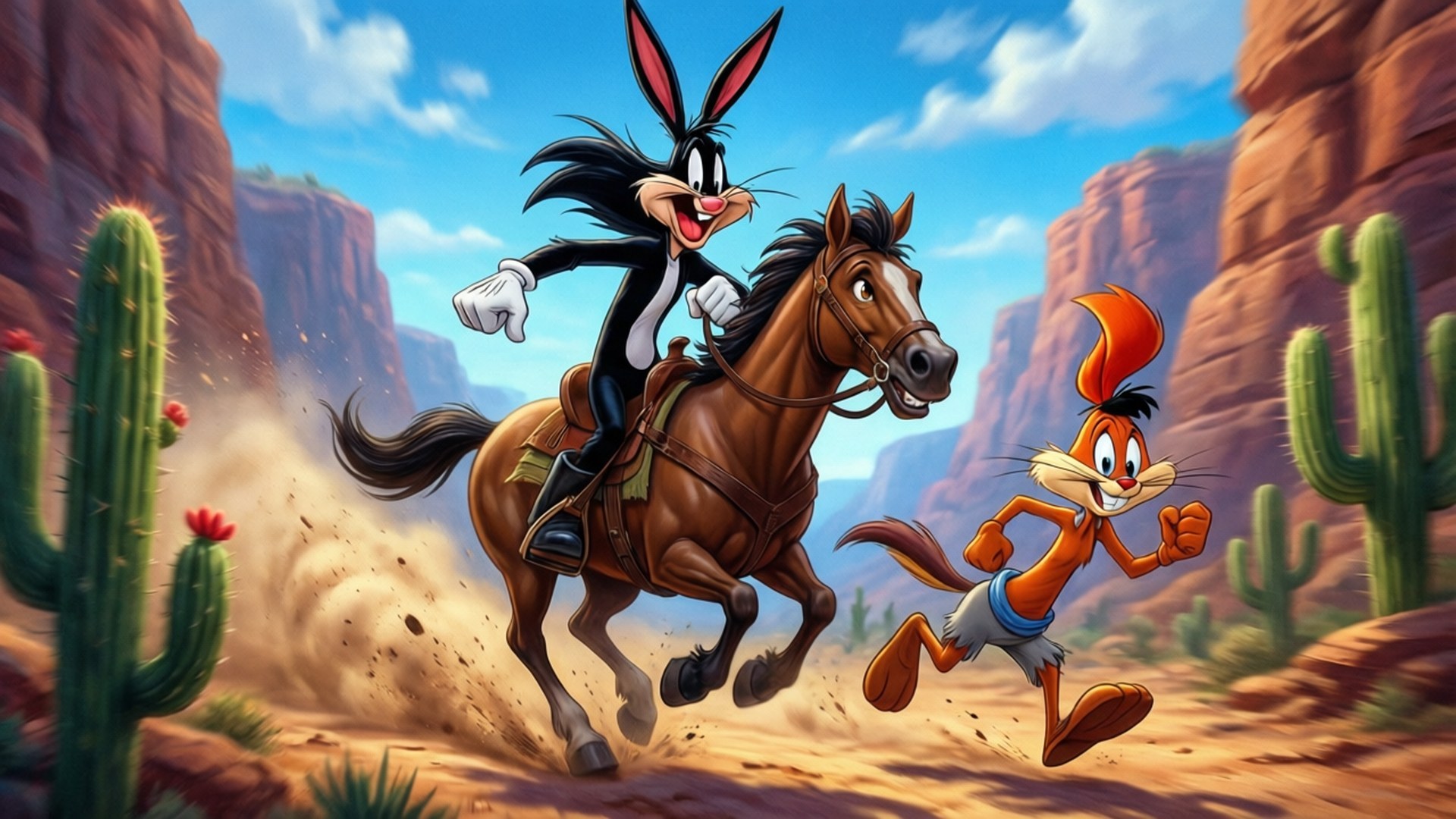 Chasing Road Runner 壁紙 — 賓尼兔騎著奔騰的馬，追逐一隻奔跑的走鵑，穿過塵土飛揚的沙漠峽谷，有仙人掌和紅色岩層。