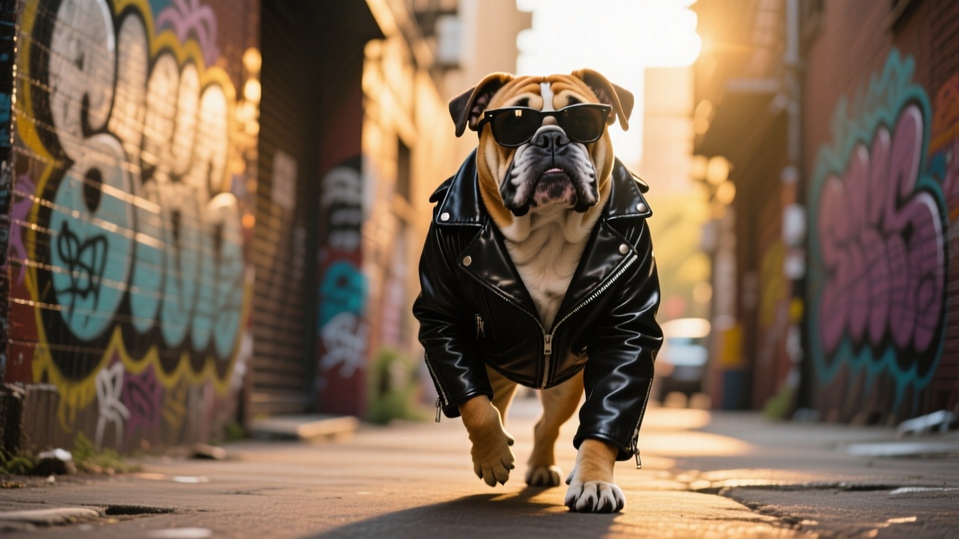 Bulldog Street Style 壁紙 — 一隻戴著太陽眼鏡和皮夾克的鬥牛犬自信地走在充滿塗鴉的小巷中，沐浴在金色的陽光下。