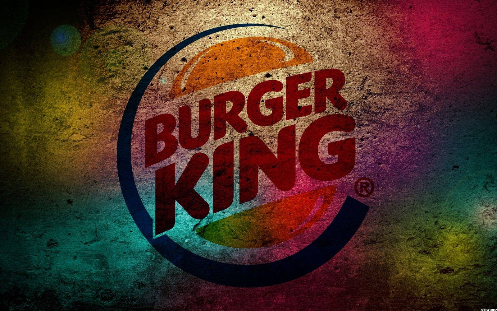 Burger 桌布 壁紙 — Burger King 標誌，以粗體紅色文字和風格化的漢堡在紋理多色背景上。