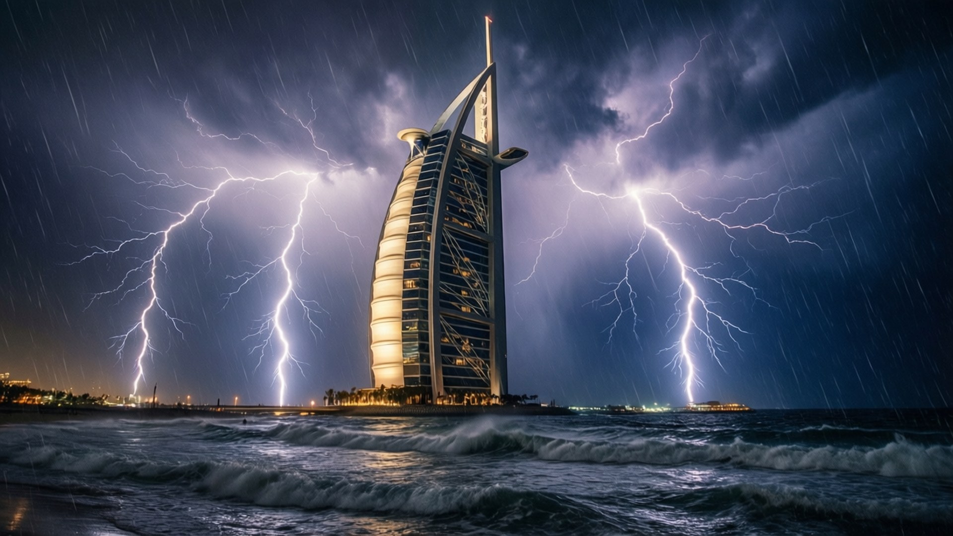 Storm over Burj Al Arab 壁紙 — 阿拉伯海風暴之夜，帆船酒店在戲劇性的閃電下閃耀。