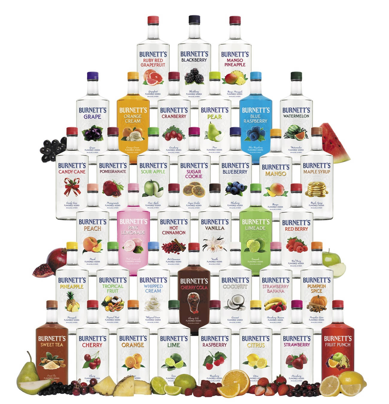 drinks 桌布 壁紙 — Burnett's 調味伏特加酒瓶按顏色和口味排列成金字塔，底部配有相應的水果裝飾。