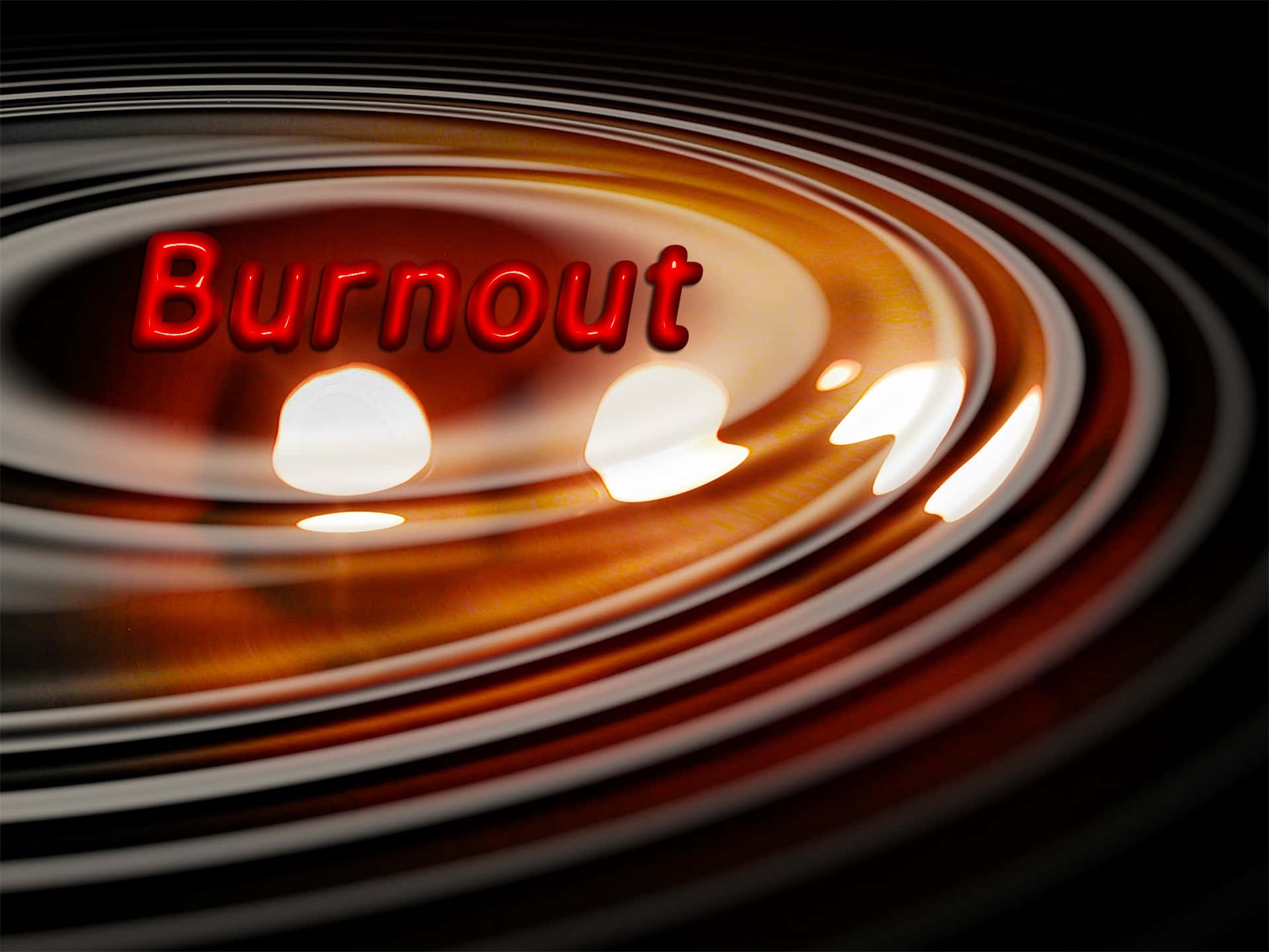 overwhelmed 桌布 壁紙 — 「burnout」一詞在溫暖光線和深色條紋旋轉的漩渦中發出紅色霓虹光。