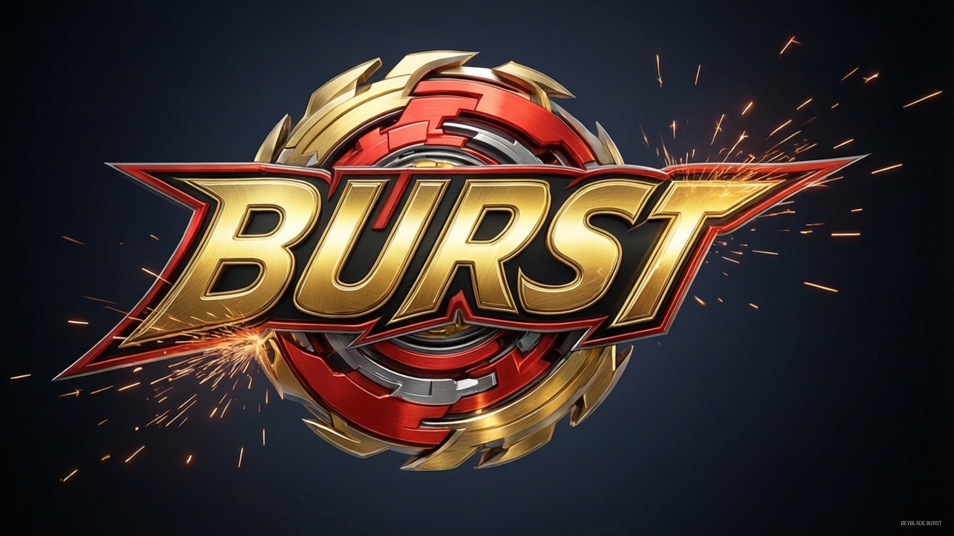 Burst Logo Blaze 壁紙 — 「burst」一詞以粗體金色字母呈現，帶有紅色點綴，金屬火花圍繞圓形機械設計飛舞。
