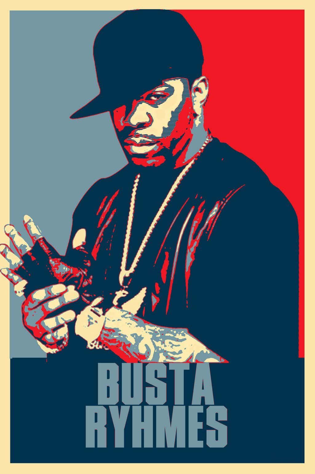  壁紙 — Busta Rhymes 戴帽子和鏈條的醒目圖形肖像，背景為紅、藍、米色。