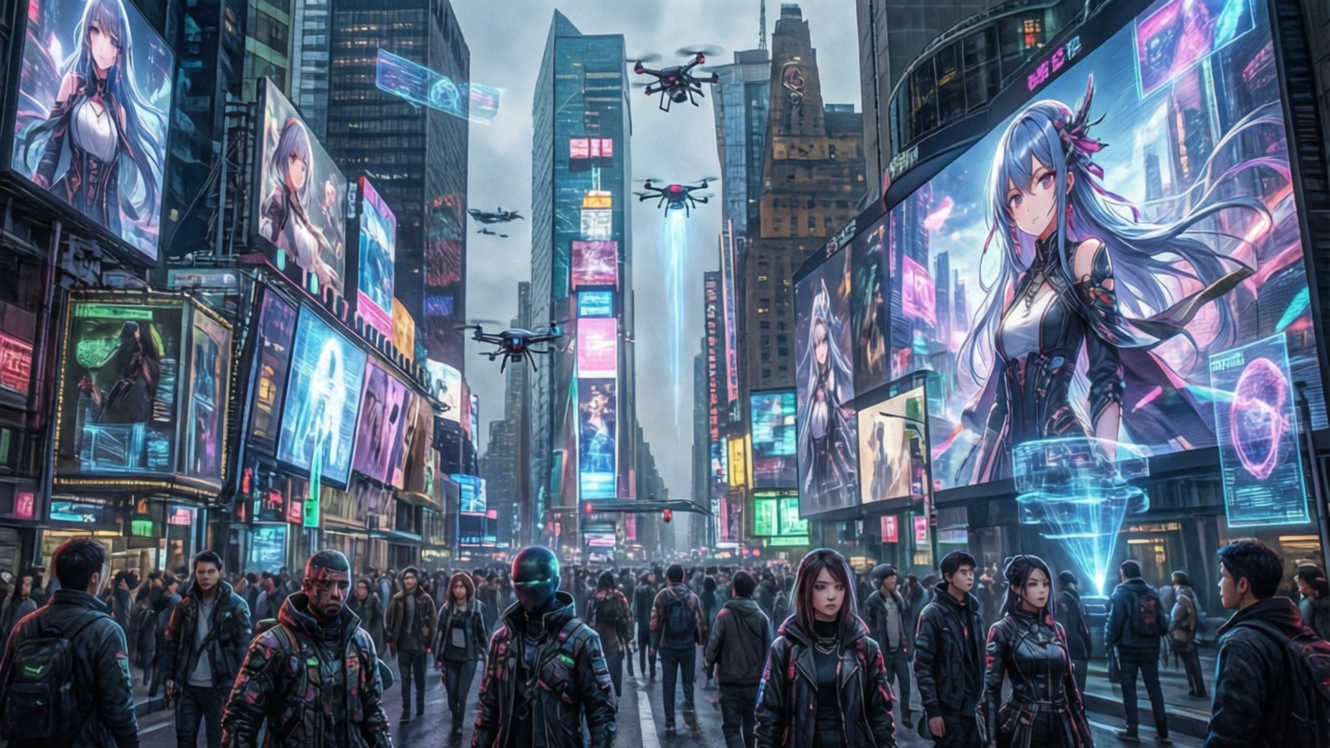 Cyberpunk Street Market 壁紙 — 一條繁忙的賽博龐克城市街道，充滿行人、無人機和展示動漫風格角色的高聳全息廣告牌。