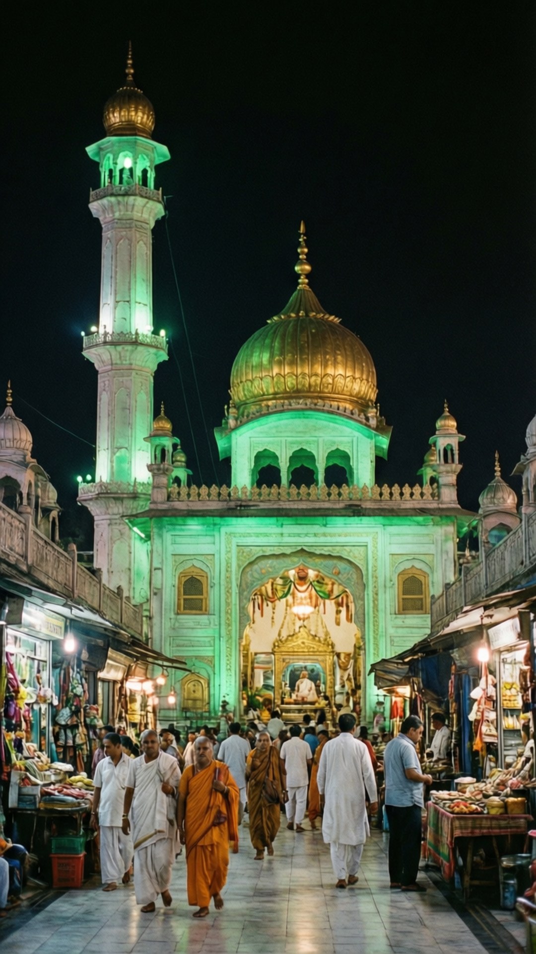 Data Darbar Night Lights 壁紙 — 一個熙熙攘攘的夜市聚集在一座宏偉的燈火通明的清真寺前，清真寺有金色圓頂和綠色燈光的宣禮塔。