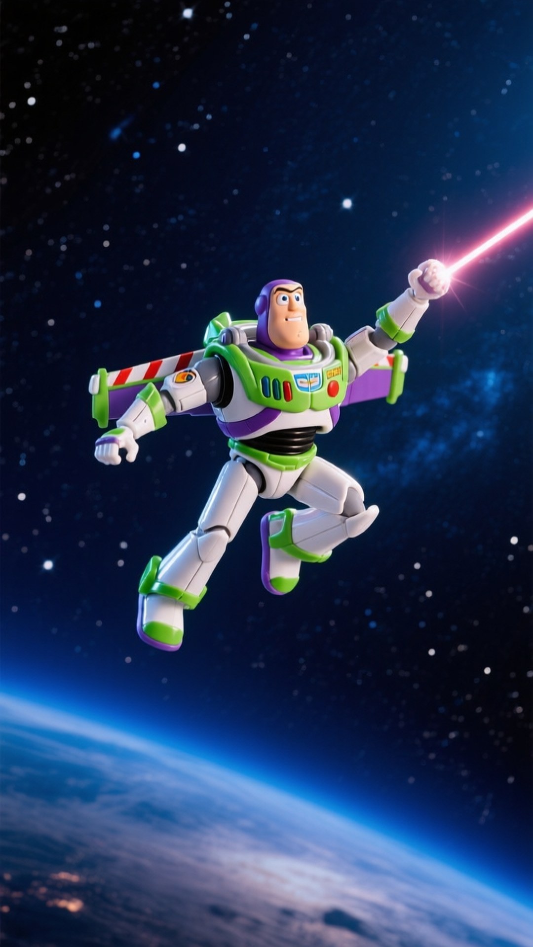 Buzz in Space 壁紙 — 巴斯光年穿著綠色和白色的太空衣，在繁星點點的夜空背景下漂浮在地球上空，發射紅色雷射。