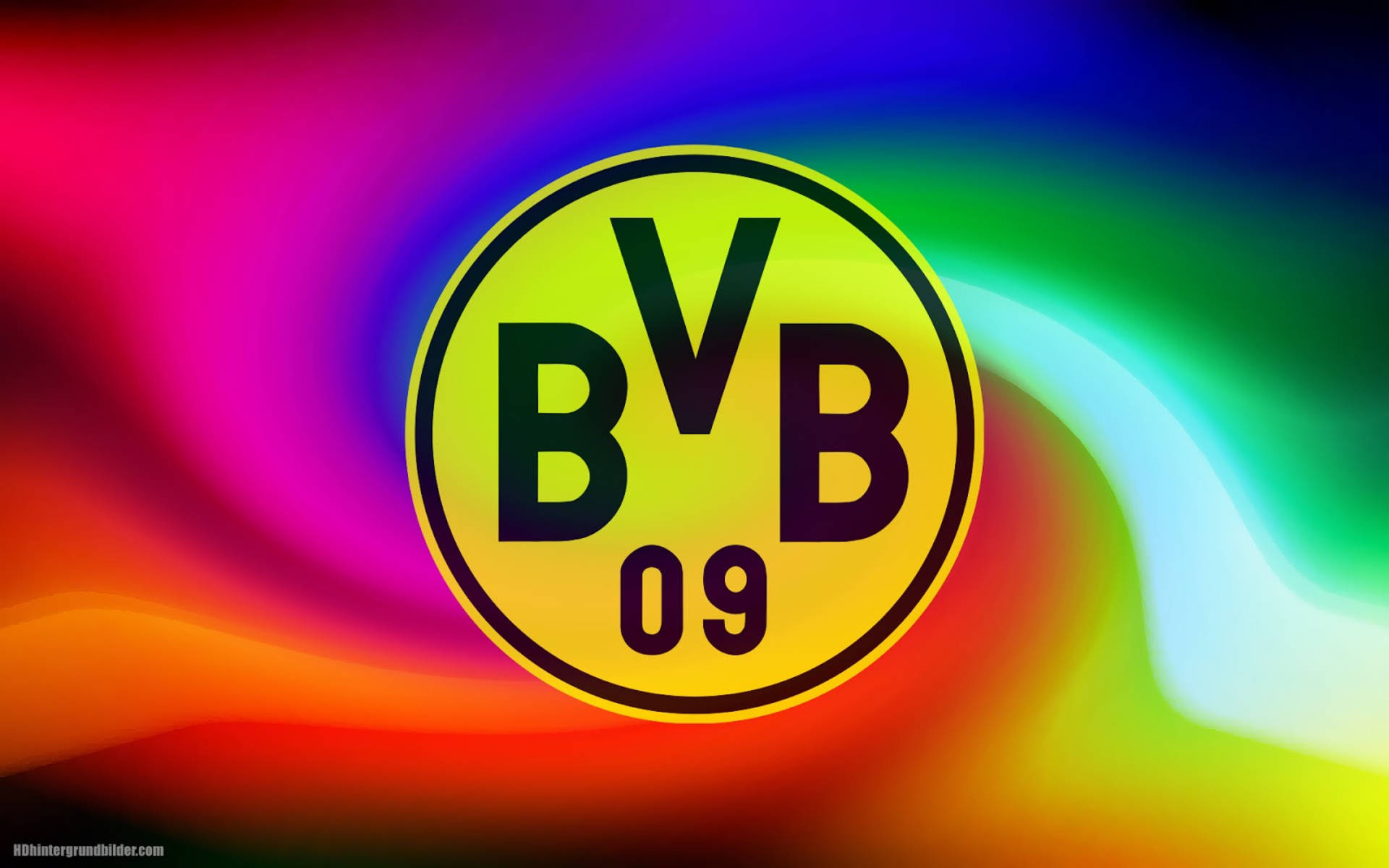 Dortmund 桌布 壁紙 — BVB 09 標誌居中於充滿活力的漩渦彩虹漸變背景上。