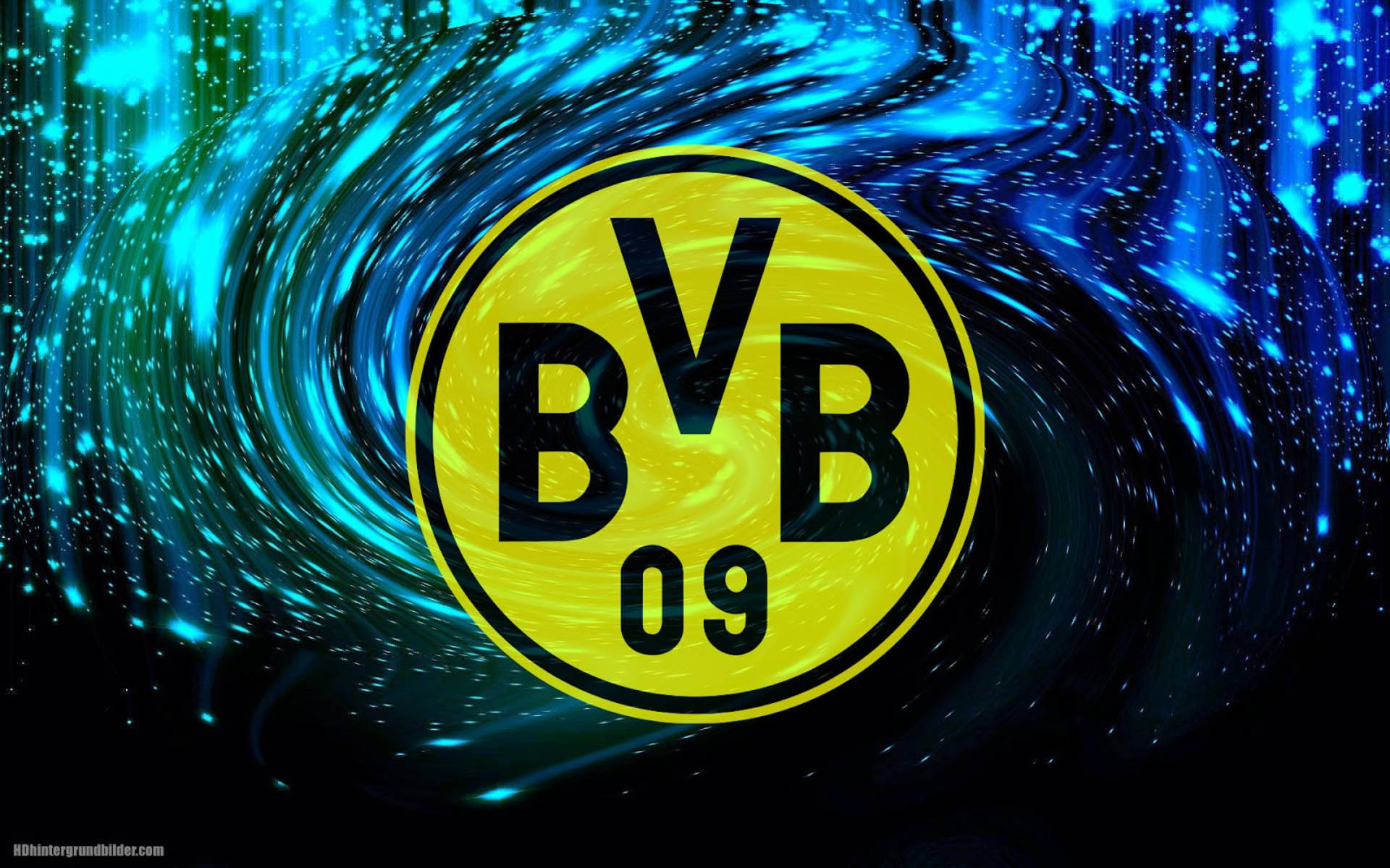 Dortmund 桌布 壁紙 — BVB 09 標誌居中於旋轉的宇宙藍色和黑色背景中，帶有發光粒子。