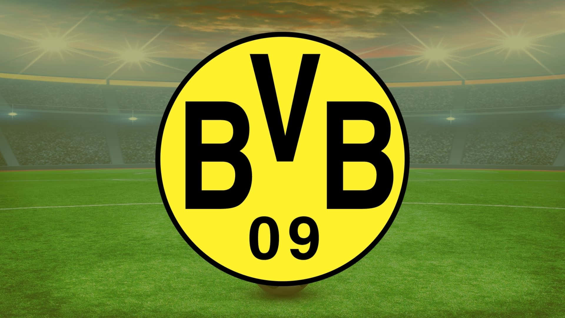 Dortmund 桌布 壁紙 — BVB 09 標誌居中於暮色中體育場燈光下的鮮綠色足球場上。
