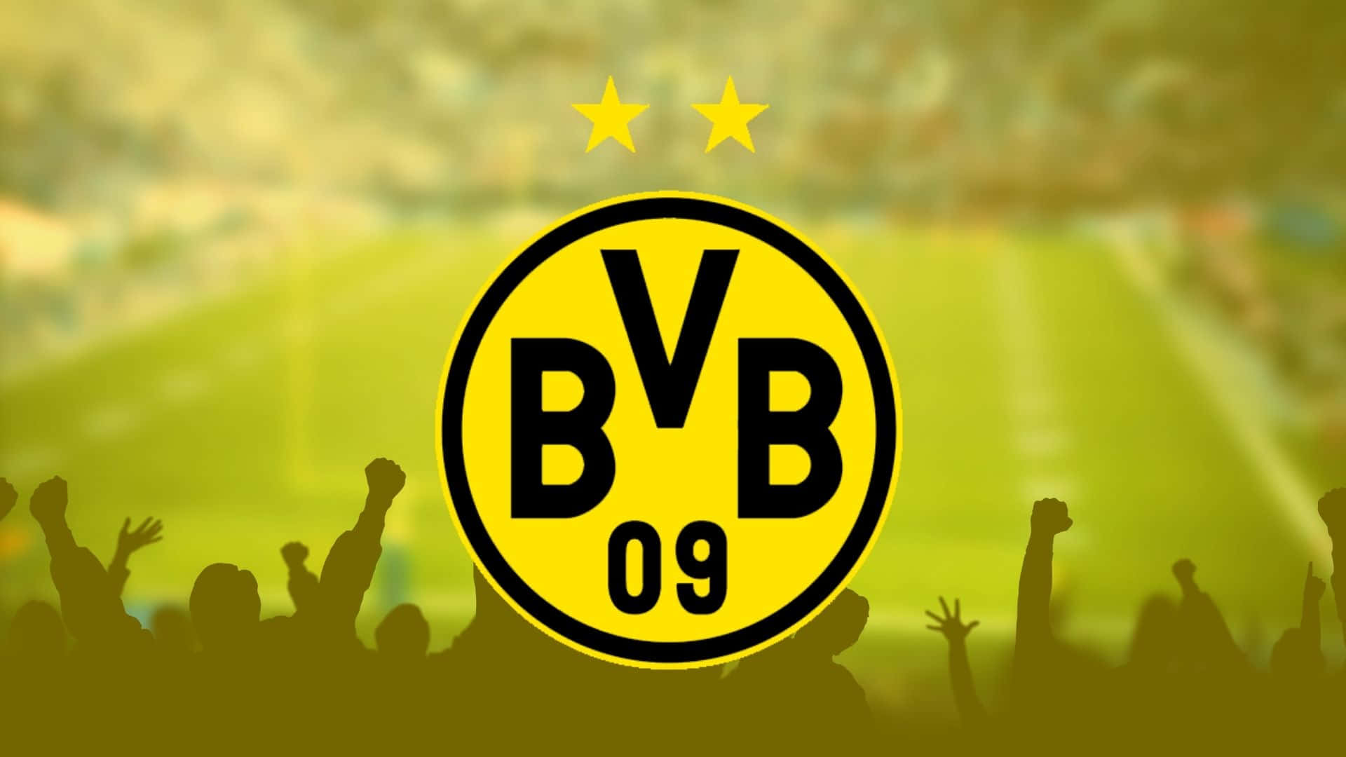 Dortmund 桌布 壁紙 — BVB 09 標誌居中於模糊的體育場上方，下方有歡呼的球迷剪影。