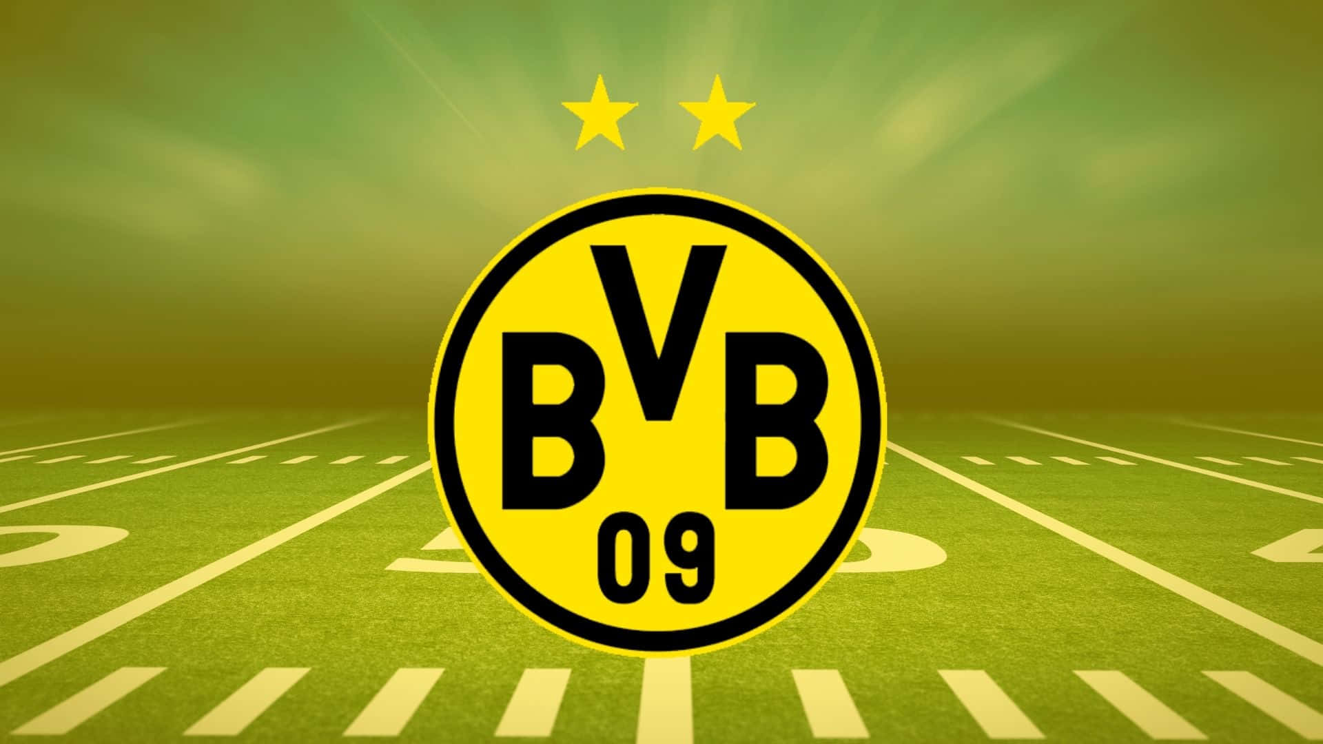 Dortmund 桌布 壁紙 — BVB 09 足球俱樂部標誌居中於綠色球場上，上方有兩顆星，背景為耀眼的黃綠色漸層。