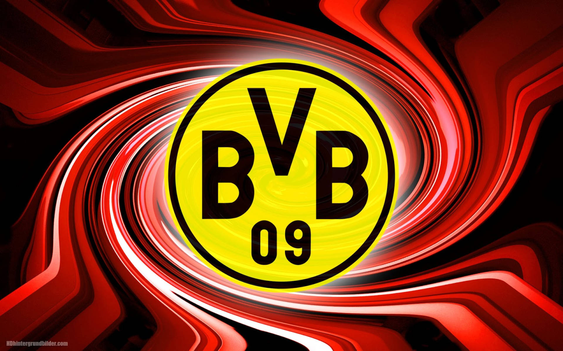 Dortmund 桌布 壁紙 — BVB 09 足球俱樂部標誌居中於紅、白、黑抽象動態漩渦中。