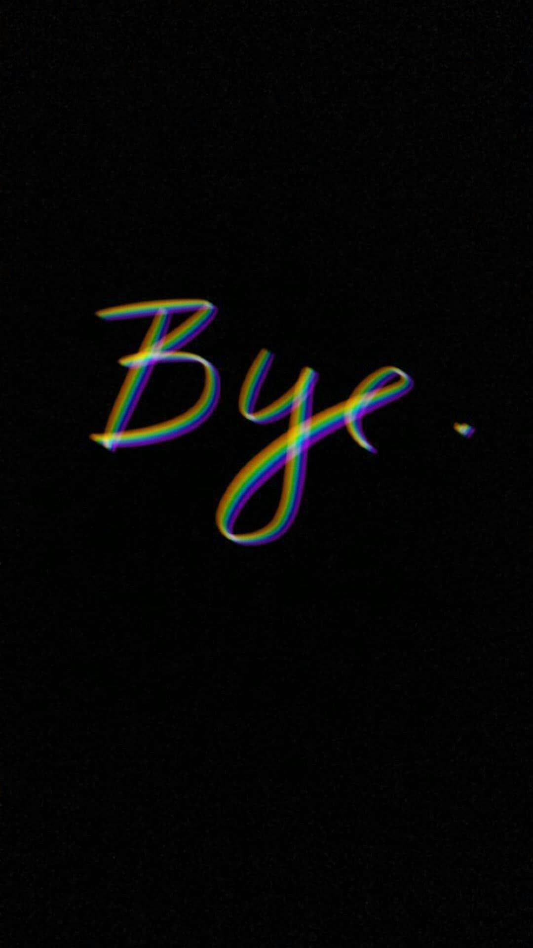 可愛黑色風格 桌布 壁紙 — 「Bye」一詞在純黑色背景上發出帶有彩虹色差效果的光芒。