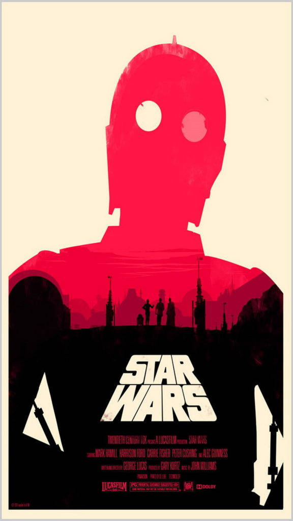 star wars iPhone 6 plus 桌布 壁紙 — C-3PO 大膽的紅色剪影主導了奶油色背景，黑色下半部分顯示了微小的人物和《星際大戰》標題。