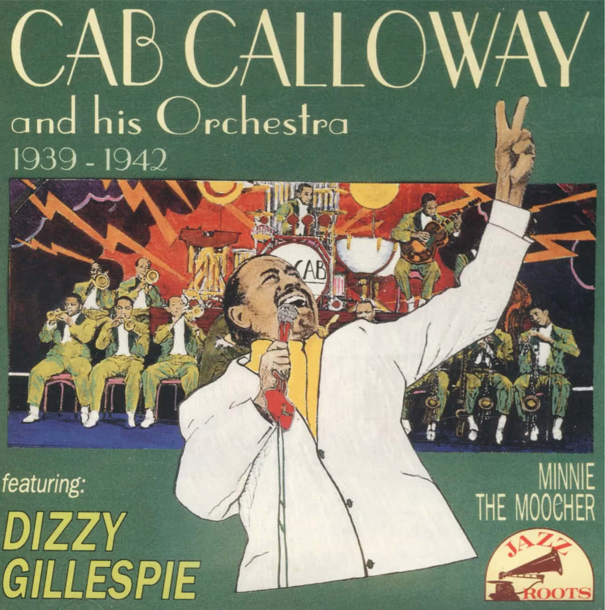  壁紙 — Cab Calloway 與他的樂團在1940年代充滿活力的爵士表演中演唱的鮮豔復古插圖。