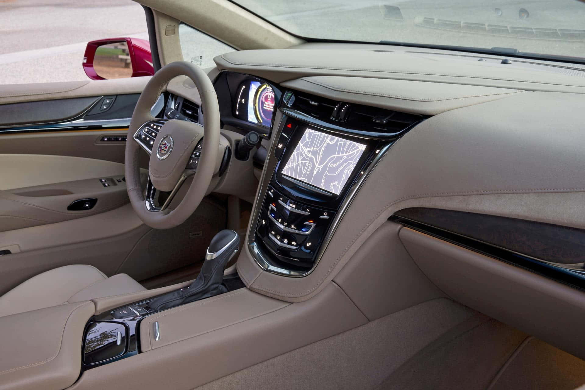 Cadillac Elr 桌布 壁紙 — Cadillac 豪華米色皮革內飾，配備數位儀表板和觸控螢幕導航。