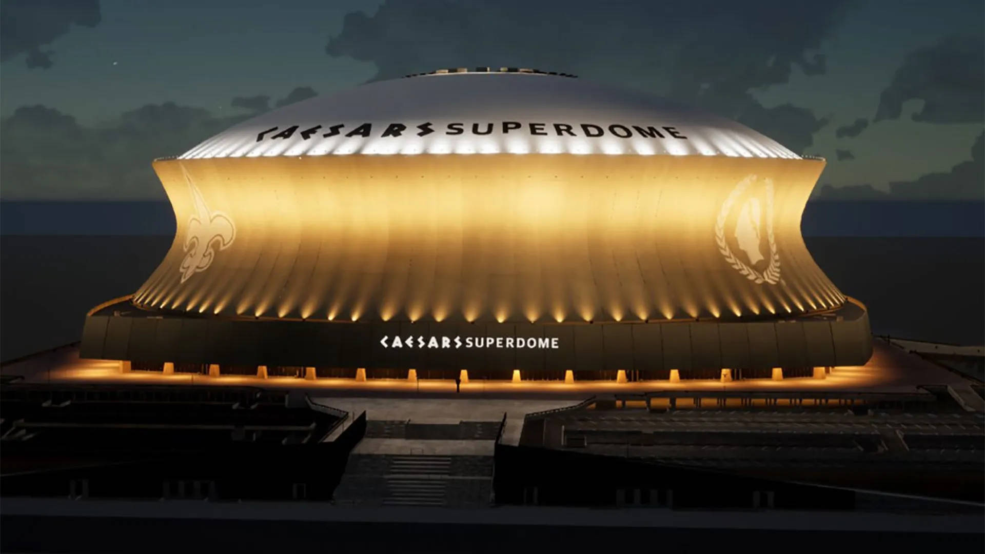 筆電 桌布 壁紙 — Caesars Superdome 在暮色天空下溫暖地發光，帶有發光的標牌和肋狀圓頂結構。