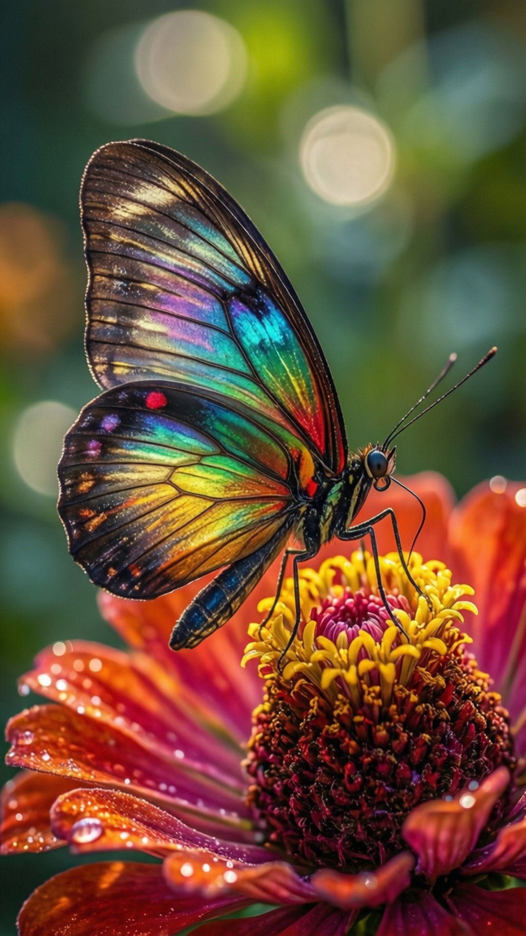 Rainbow Butterfly Macro 壁紙 — 一隻充滿活力的彩虹翅膀閃蝶，輕柔地停在一朵帶有露珠的橙黃色花朵上，背景是柔和的綠色散景。