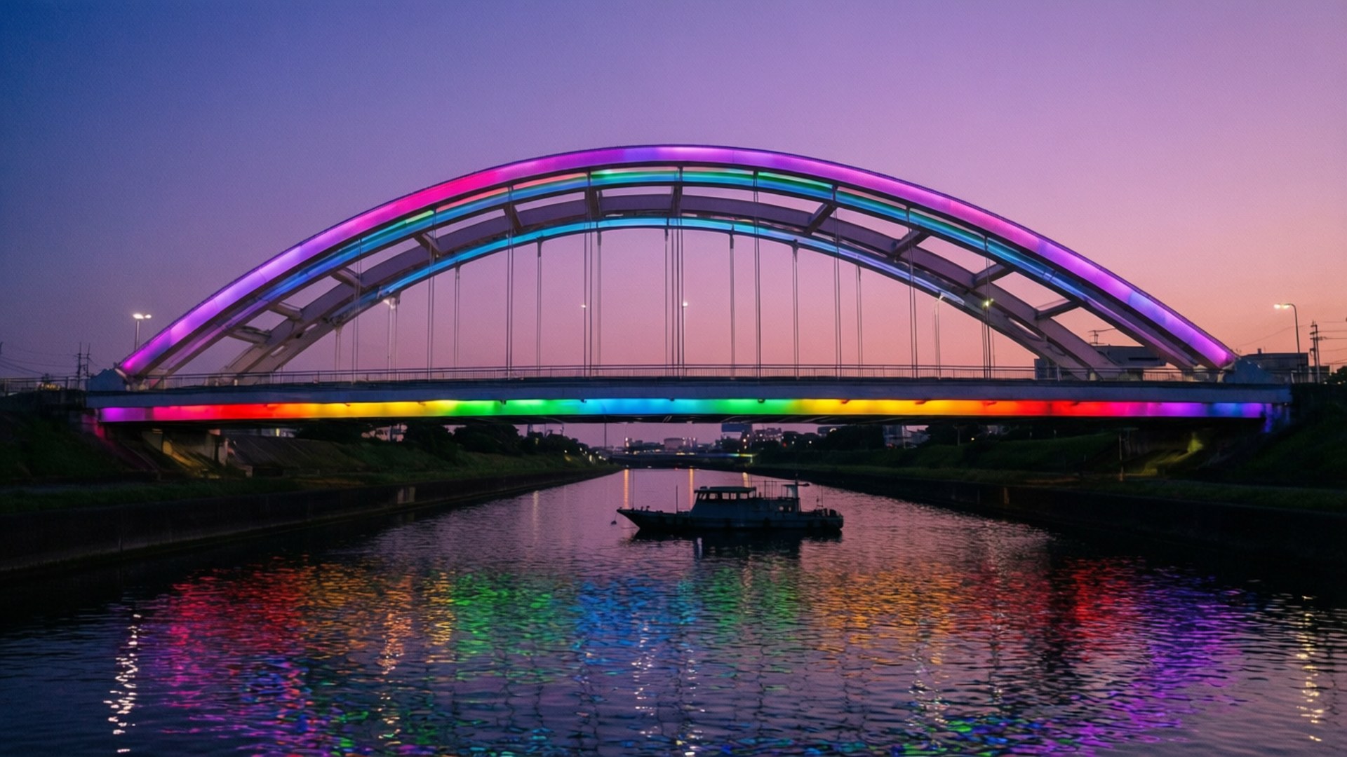 Rainbow Bridge Evening 壁紙 — 一座色彩繽紛的彩虹拱橋橫跨寧靜的運河，在黃昏時分，一艘小船在橋下色彩斑斕的倒影中漂流。