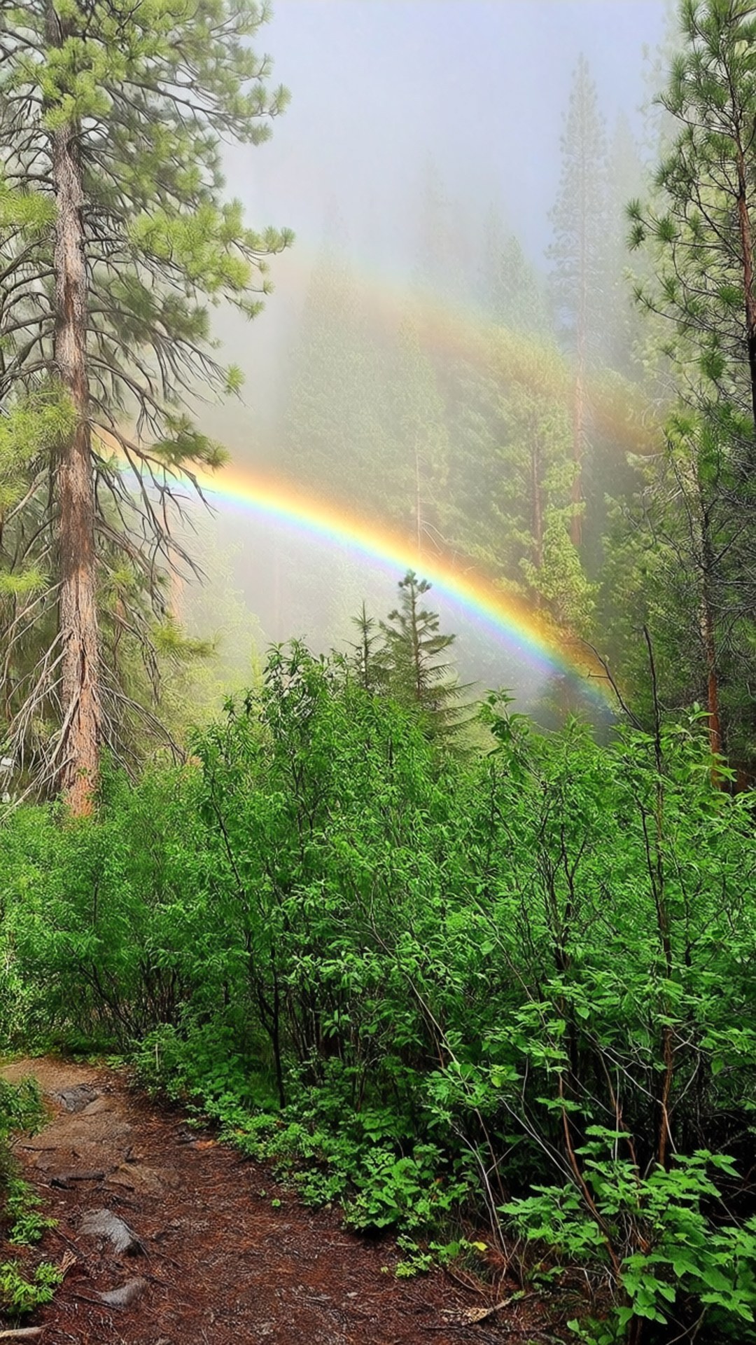 Rainbow at Vernal Fall 壁紙 — 一道鮮豔的彩虹穿過霧氣籠罩的森林樹冠，懸掛在一條兩旁長滿茂密綠色灌木和高大松樹的泥土小徑上方。