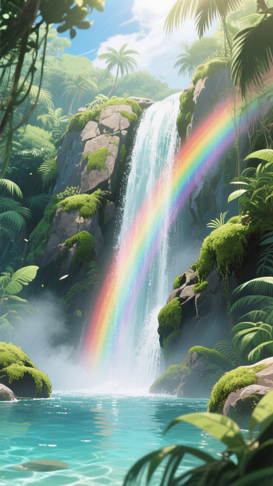 Waterfall Rainbow Mist 壁紙 — 一道鮮豔的彩虹橫跨在層疊瀑布之上，瀑布傾瀉入被茂密綠色叢林葉片環繞的碧綠水池中。