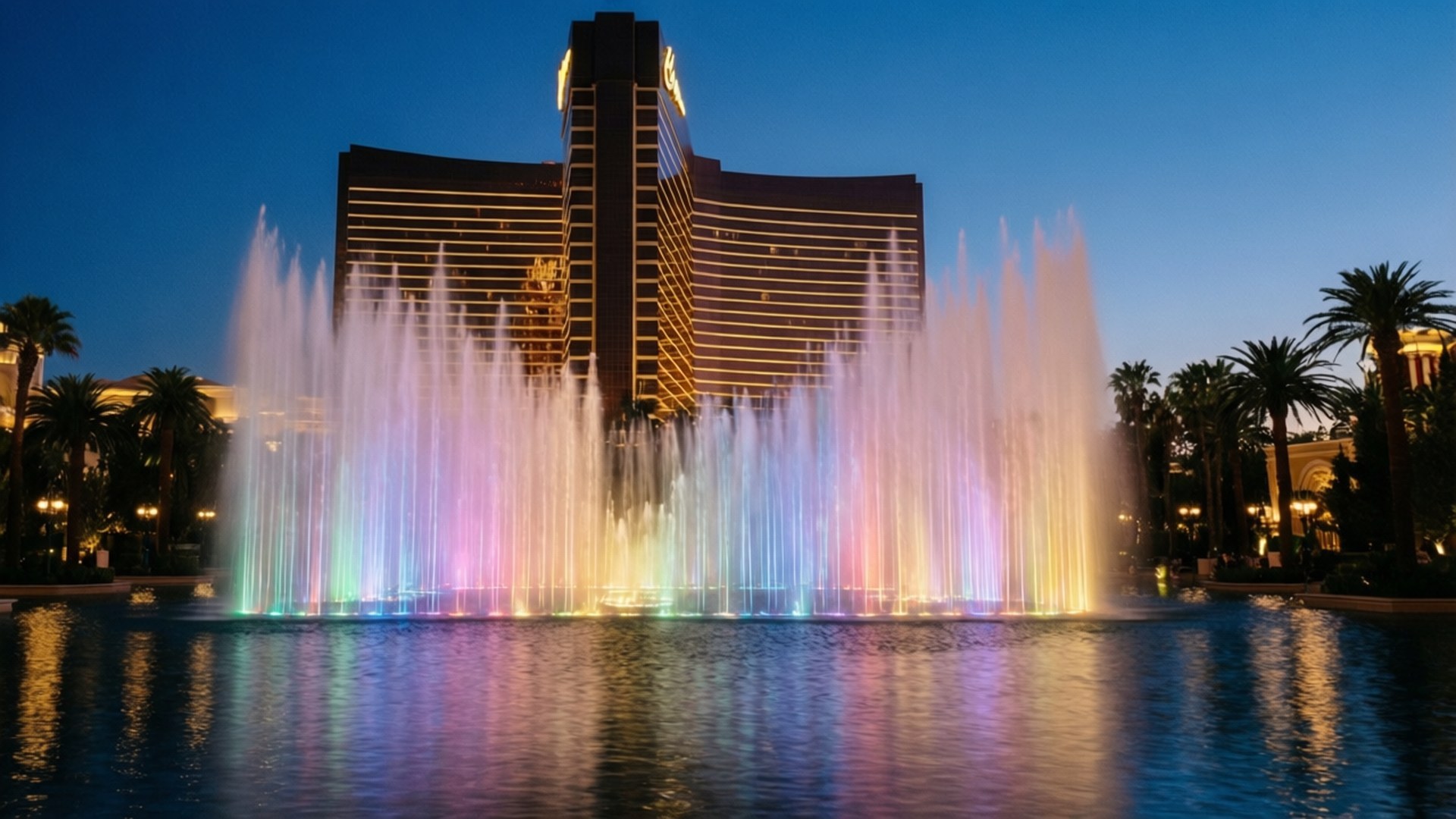 Wynn Fountains Evening 壁紙 — 在暮色天空下，一座耀眼的彩虹噴泉在聳立的燈光酒店前噴湧而出。