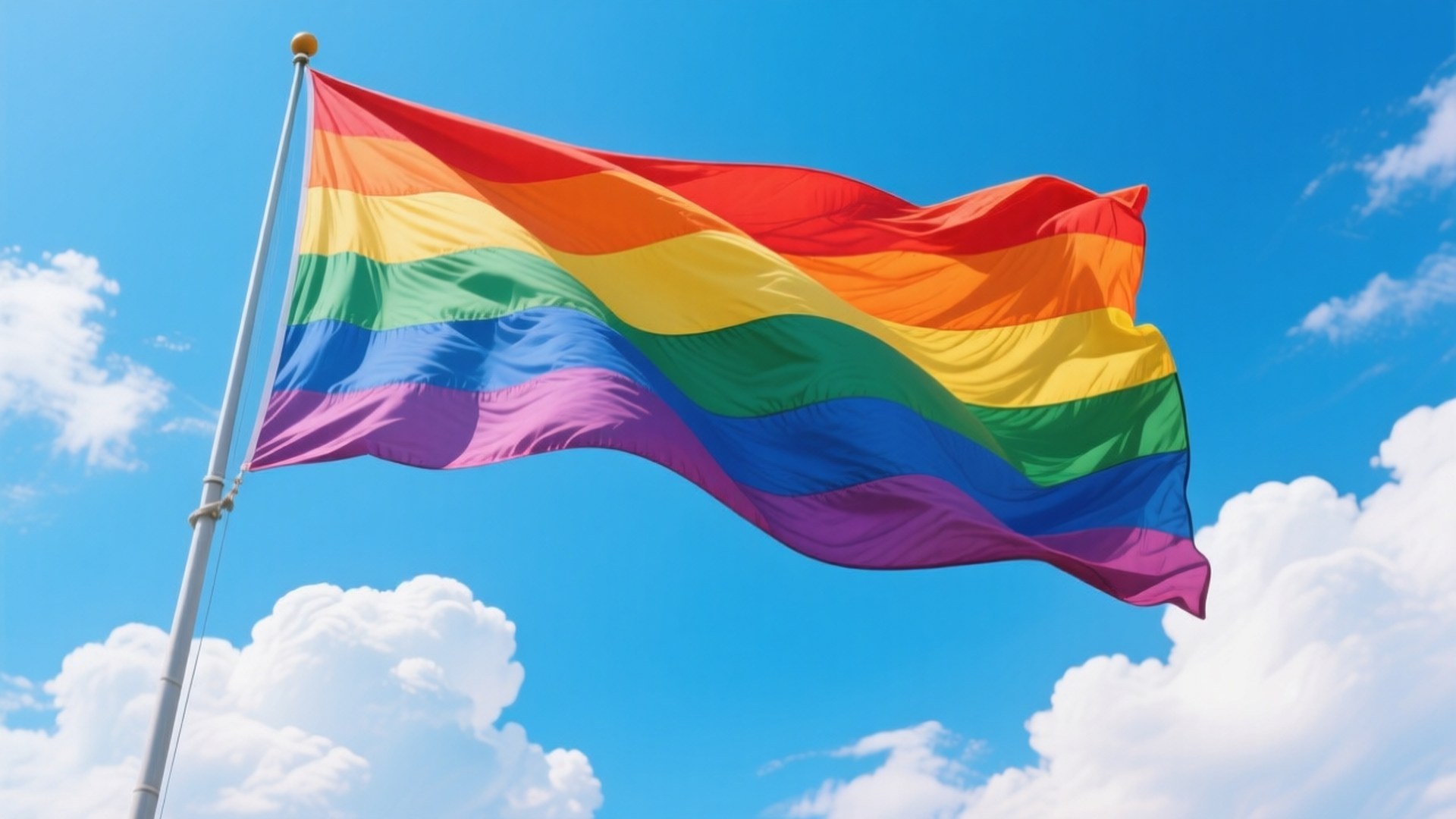 Majestic Pride Flag Flying 壁紙 — 一面鮮豔的彩虹旗在旗桿上自豪地飄揚，背景是明亮的藍天，點綴著蓬鬆的白雲。
