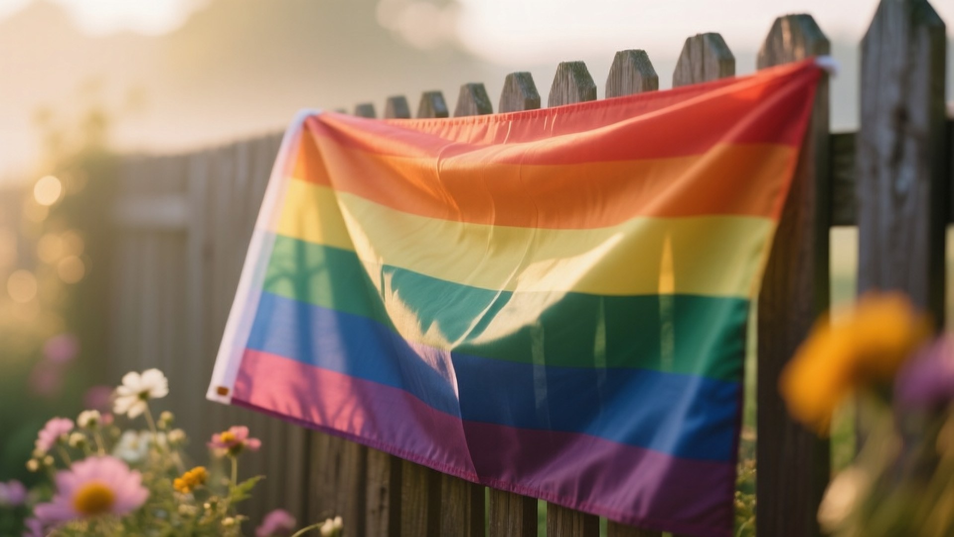 Draped Pride on Fence 壁紙 — 一面彩虹旗在溫暖金色陽光下的木柵欄上輕輕飄揚，前景有柔和模糊的花朵。