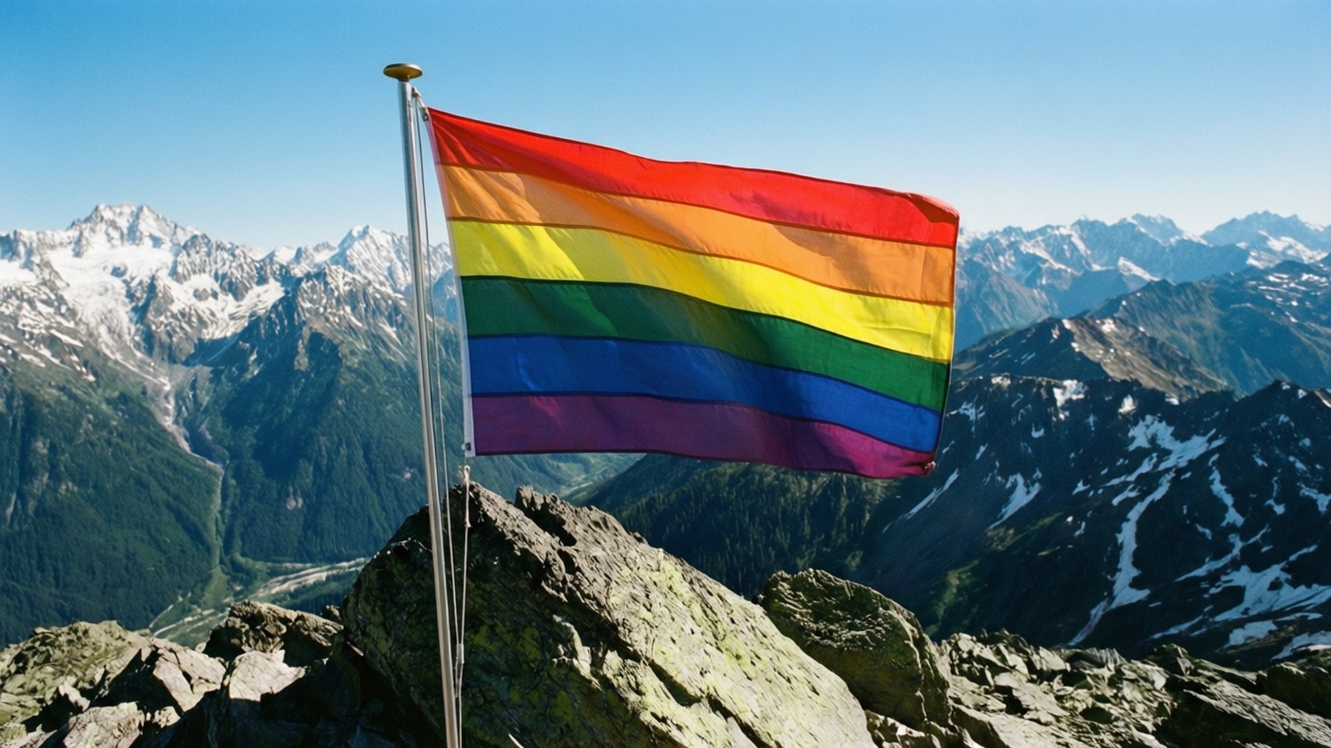 Pride Flag on Mountain Peak 壁紙 — 一面鮮豔的彩虹旗在岩石山頂上飄揚，背景是白雪覆蓋的山峰和清澈的藍天。