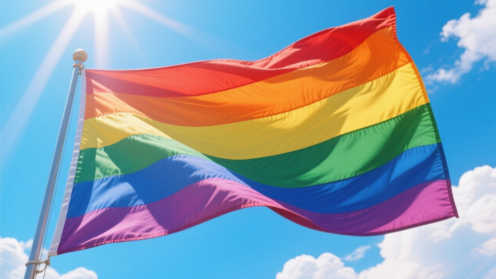 Waving Pride Flag 壁紙 — 一面鮮豔的彩虹旗在旗桿上自豪地飄揚，背景是明亮的藍天，有蓬鬆的白雲和燦爛的陽光。
