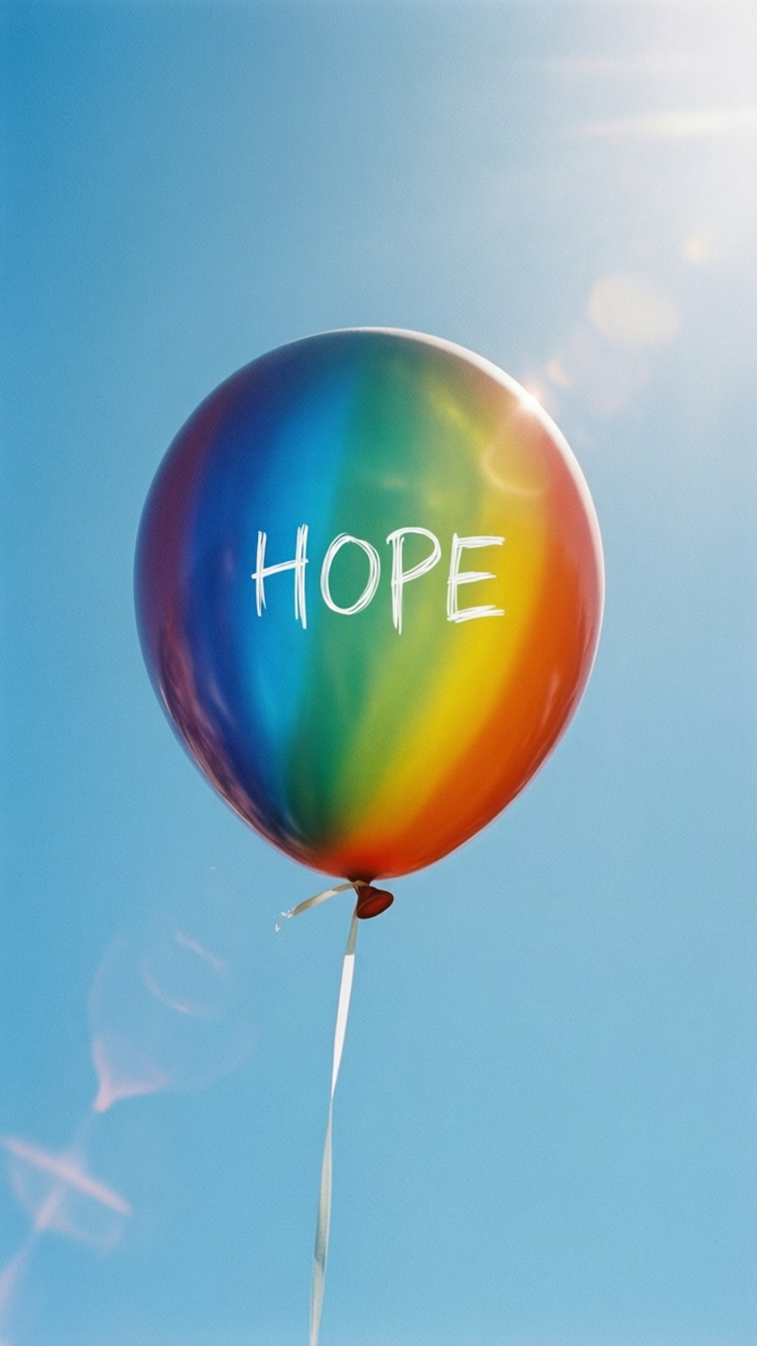 LGBT 桌布 壁紙 — 一個彩虹色的氣球上寫著「希望」一詞，在陽光明媚的藍天中飄浮。